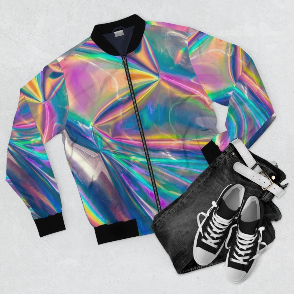 Holographic bomber jacket with vibrant, rainbow-like iridescent design - Flat lay