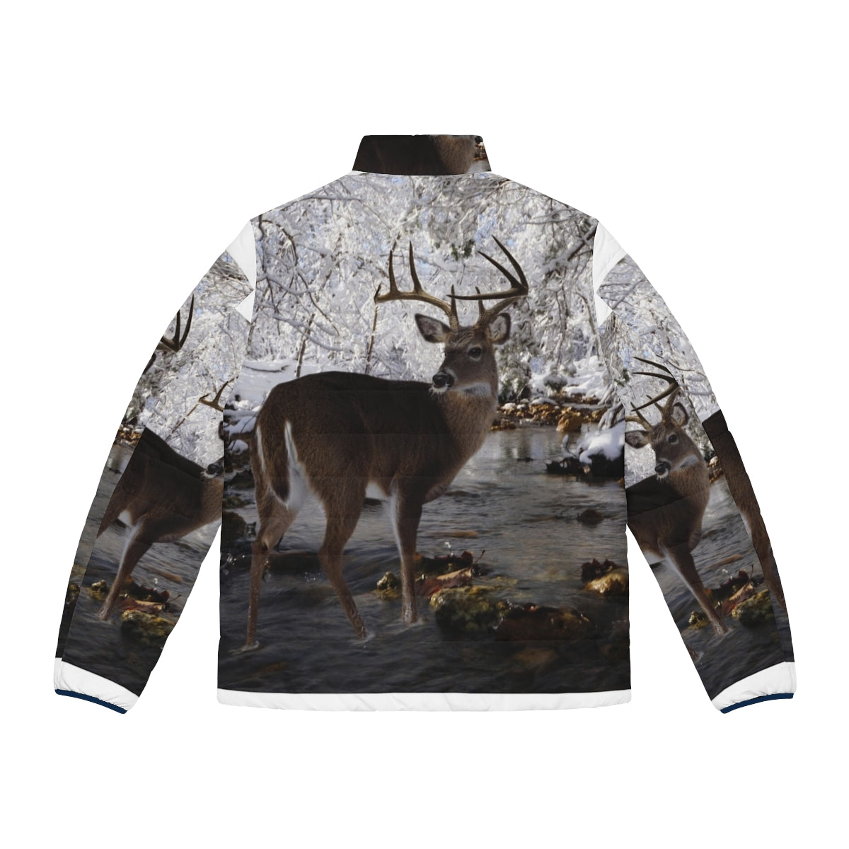 A warm and stylish puffer jacket with a whitetail deer design, perfect for cold weather outdoor activities. - Back