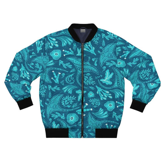 Manta rays bomber jacket featuring a hand-drawn ocean scene with teal, blue, and coral colors