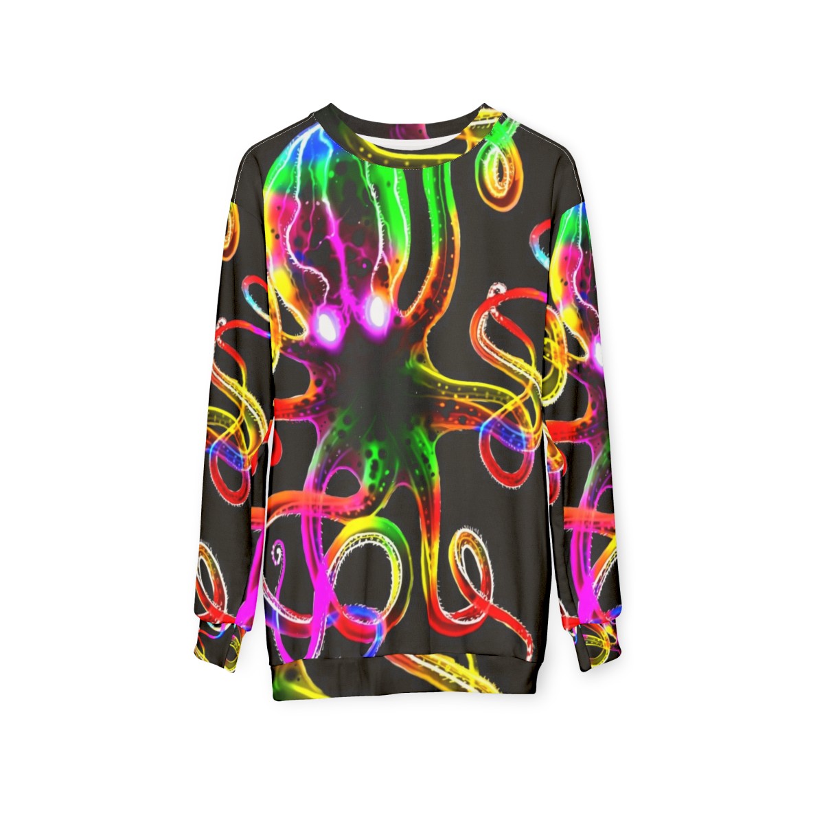 A vibrant rainbow octopus glowing in the dark on a sweatshirt - hanging