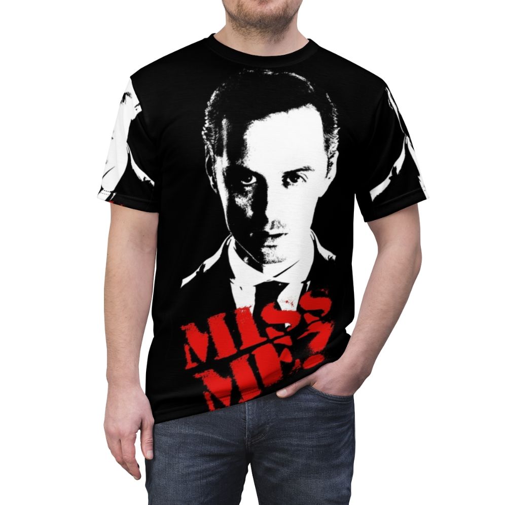 Sherlock-inspired all-over print t-shirt featuring the iconic duo of Holmes and Watson, the notorious Moriarty, and the London skyline - men front