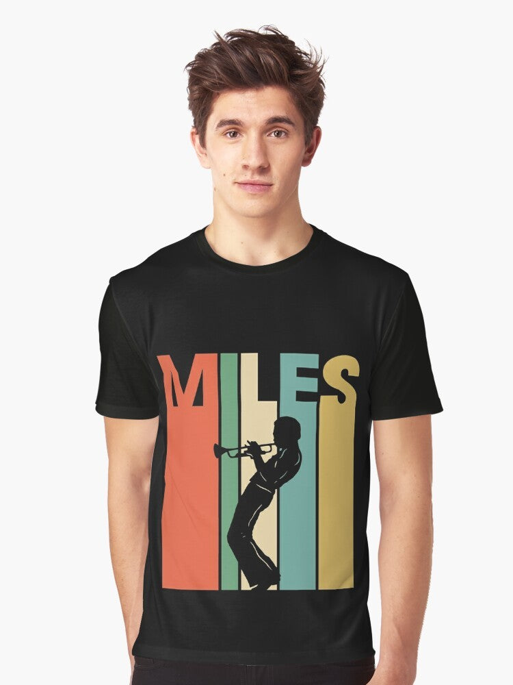 Retro graphic t-shirt featuring a blue trumpet with the words "Miles Davis" in a vintage-inspired design. - Men