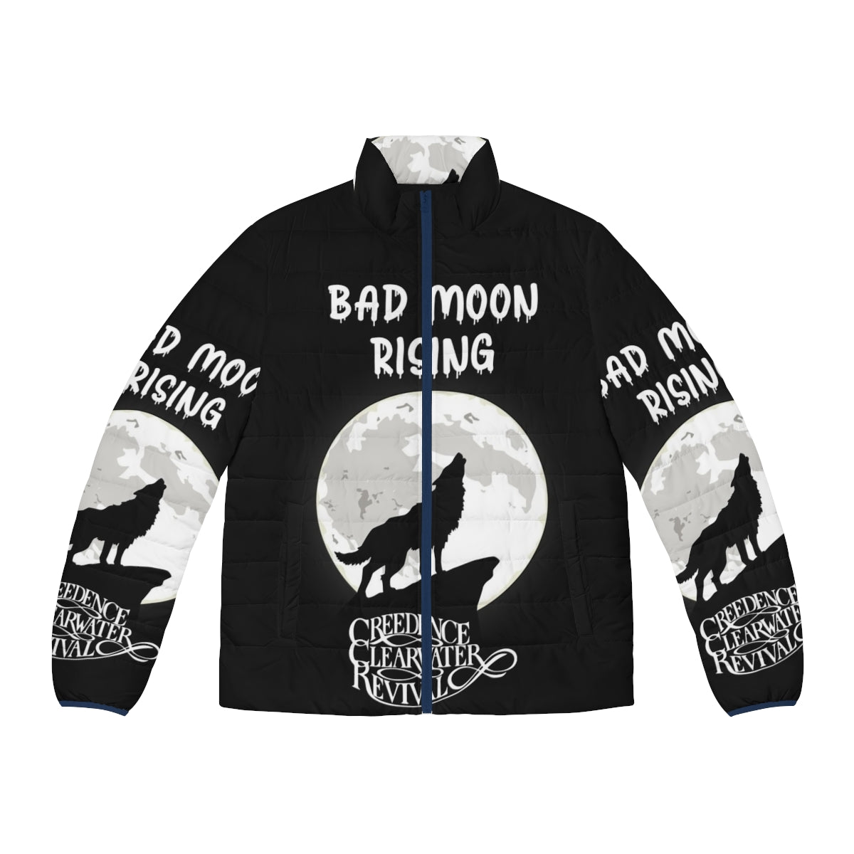 Creedance Clearwater Revival "Bad Moon Rising" puffer jacket with vintage music and fashion design