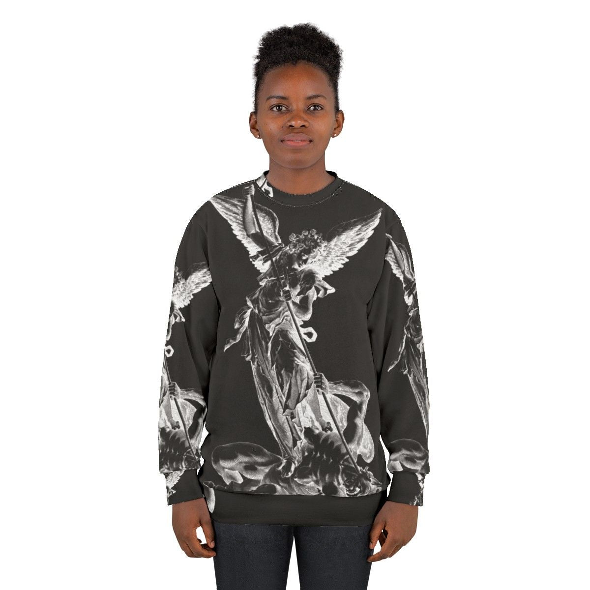 Archangel Michael defeating the devil on a religious sweatshirt - women