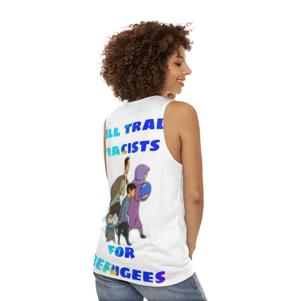 Unisex tank top with anti-racism message - women back