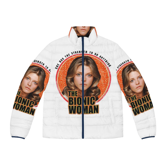 Retro 1970s Bionic Woman Puffer Jacket with science fiction and cyborg elements