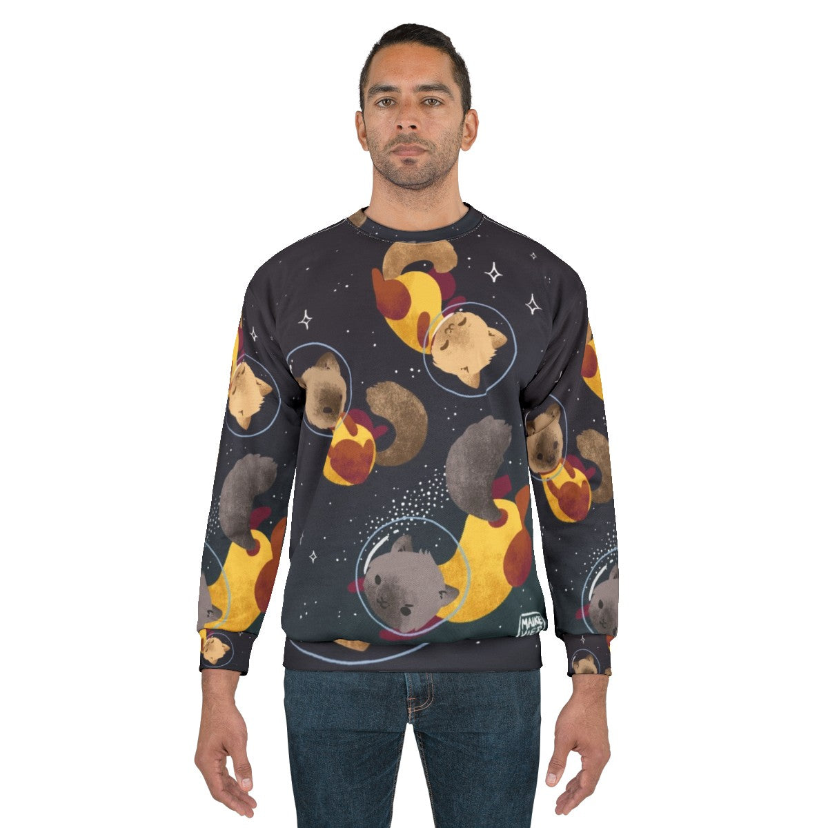 Space cats cosmic sweatshirt with galaxy print design - men