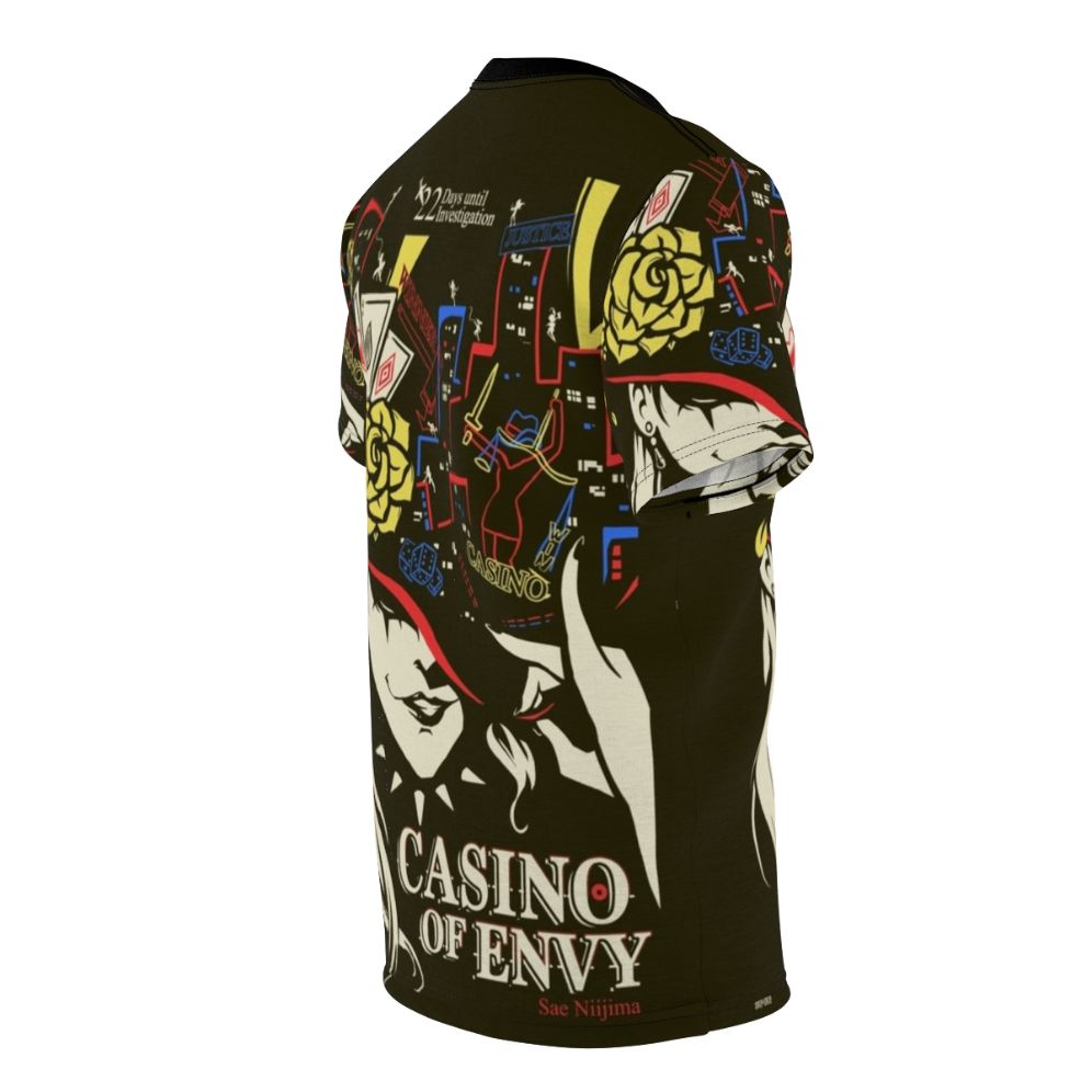 A high-quality T-shirt design featuring the "Casino of Envy" motif from the Persona video game series. - men right