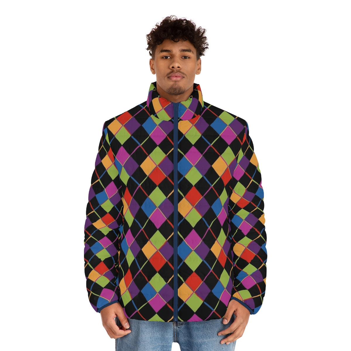 Colorful 1980s-inspired puffer jacket with a bold rainbow diamond pattern - men front