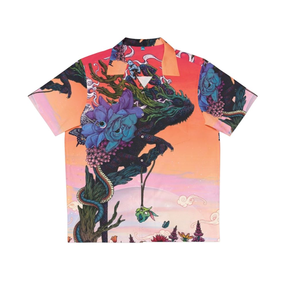 Phantasmagoria Hawaiian Shirt with surreal, psychedelic nature-inspired design featuring chameleon, flowers, and sunset colors.