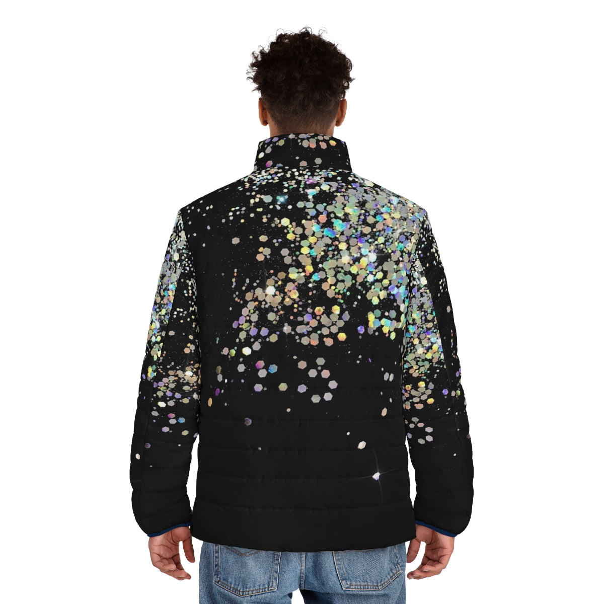 Black puffer jacket with holographic sparkle and shimmer - men back