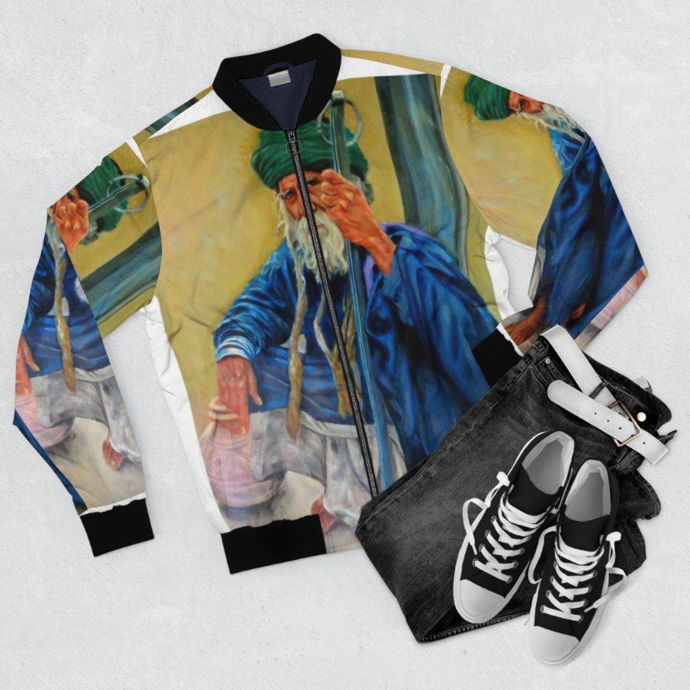 Indian man wearing a bomber jacket with a portrait design - Flat lay