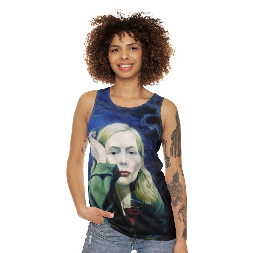 Unisex tank top featuring Joni Mitchell inspired "Both Sides Now" pop art design - women