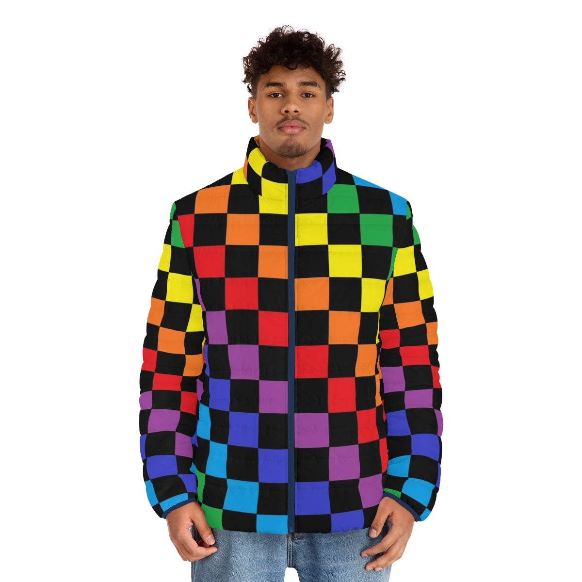 Colorful checkered puffer jacket with a rainbow pattern - men front