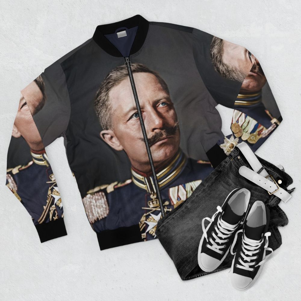 Vintage colorized bomber jacket featuring the portrait of Kaiser Wilhelm II, the last German emperor - Flat lay