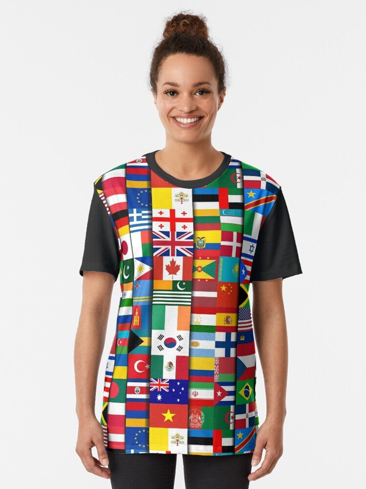 60 World Flags Graphic T-Shirt for Geography Students and Enthusiasts - Women