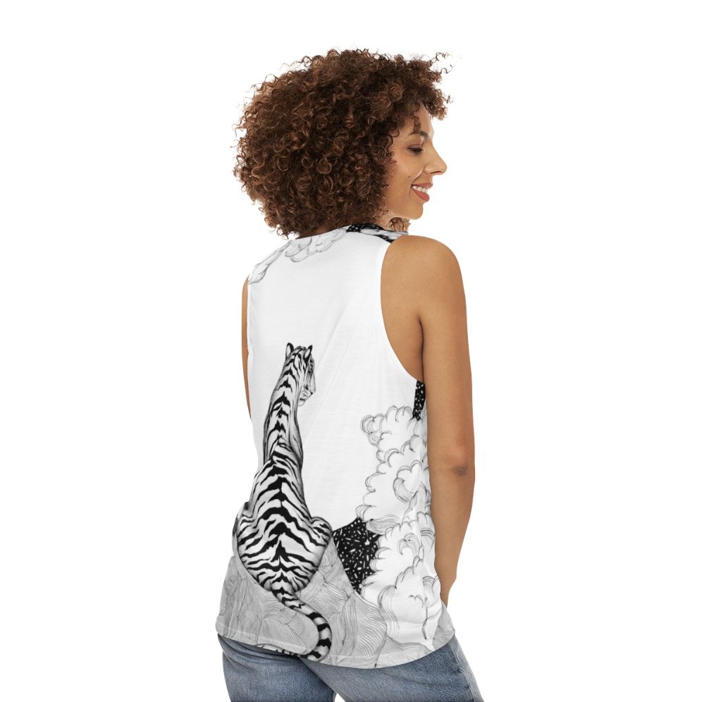 Tiger Moon Unisex Tank Top featuring a mystical tiger and moon illustration - women back