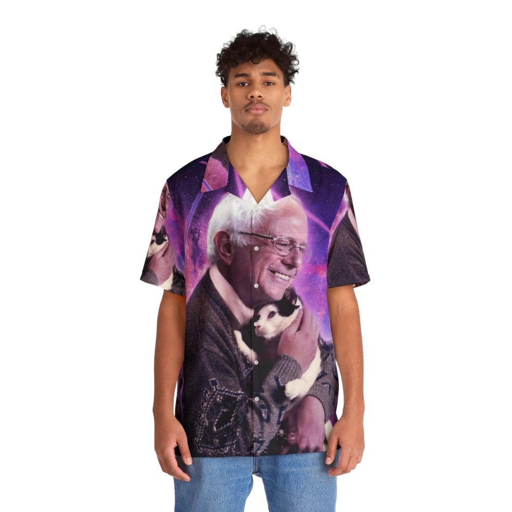 Halftone print of a cat in space on a Bernie Sanders Hawaiian shirt - People Front