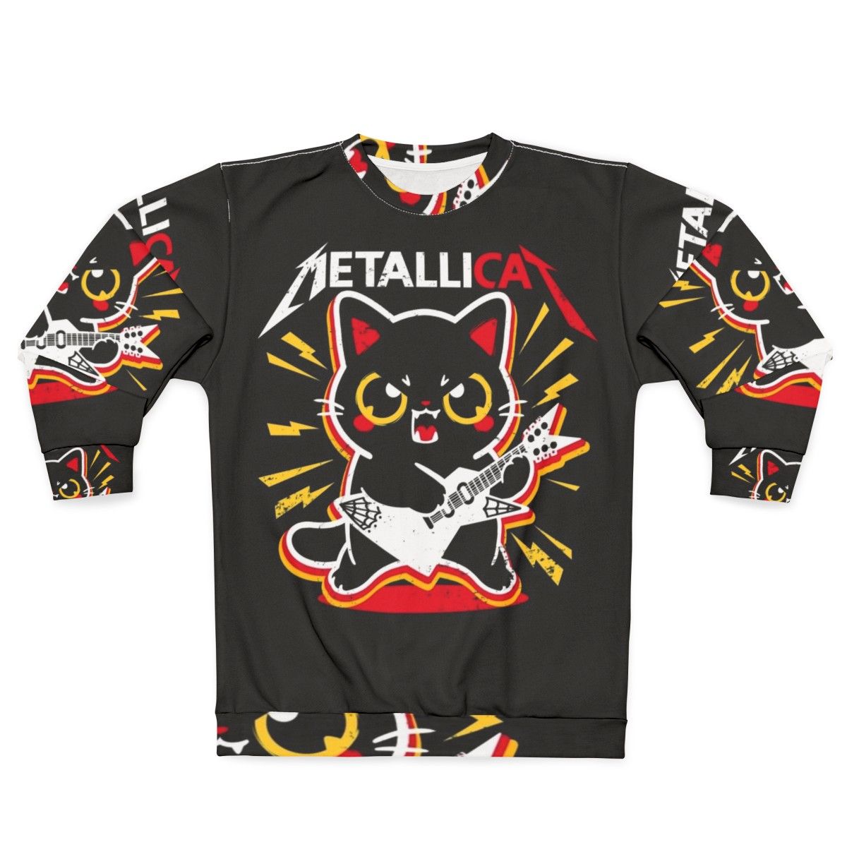 Metallicat metal sweatshirt with a cat pun design