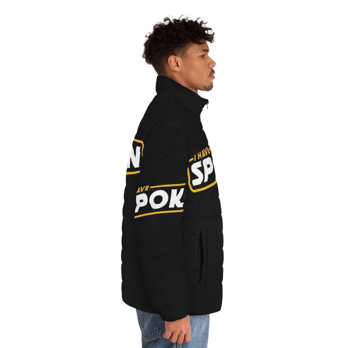 Mandalorian Puffer Jacket featuring "I Have Spoken" quote and logo - men side right