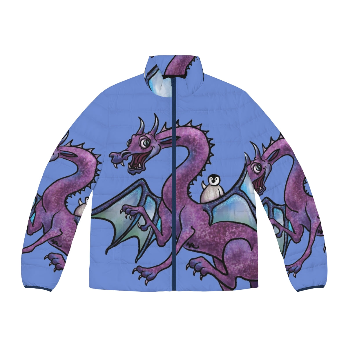 Whimsical puffer jacket featuring a penguin and dragon in a fantasy adventure