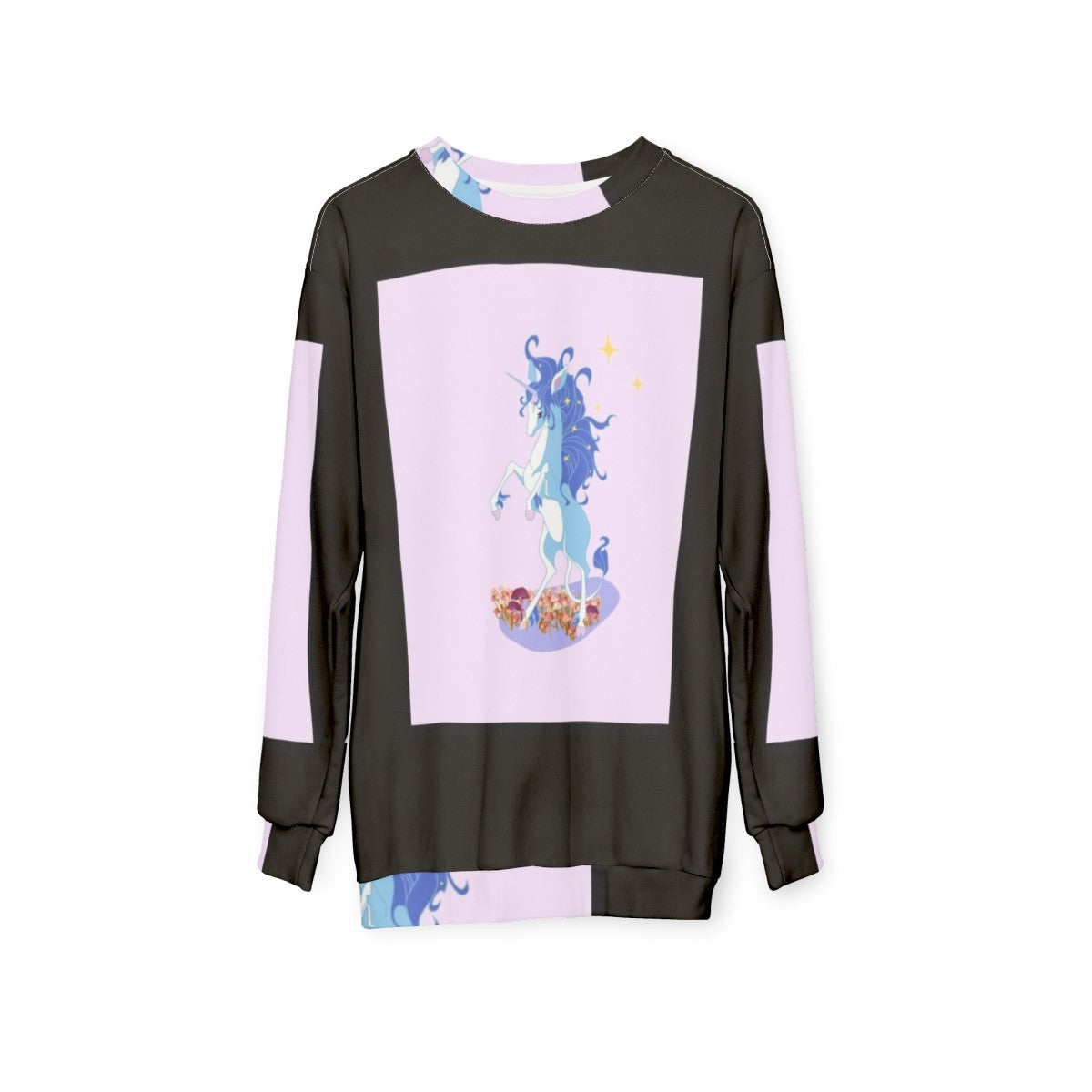 The Last Unicorn Sweatshirt featuring a whimsical unicorn design - hanging