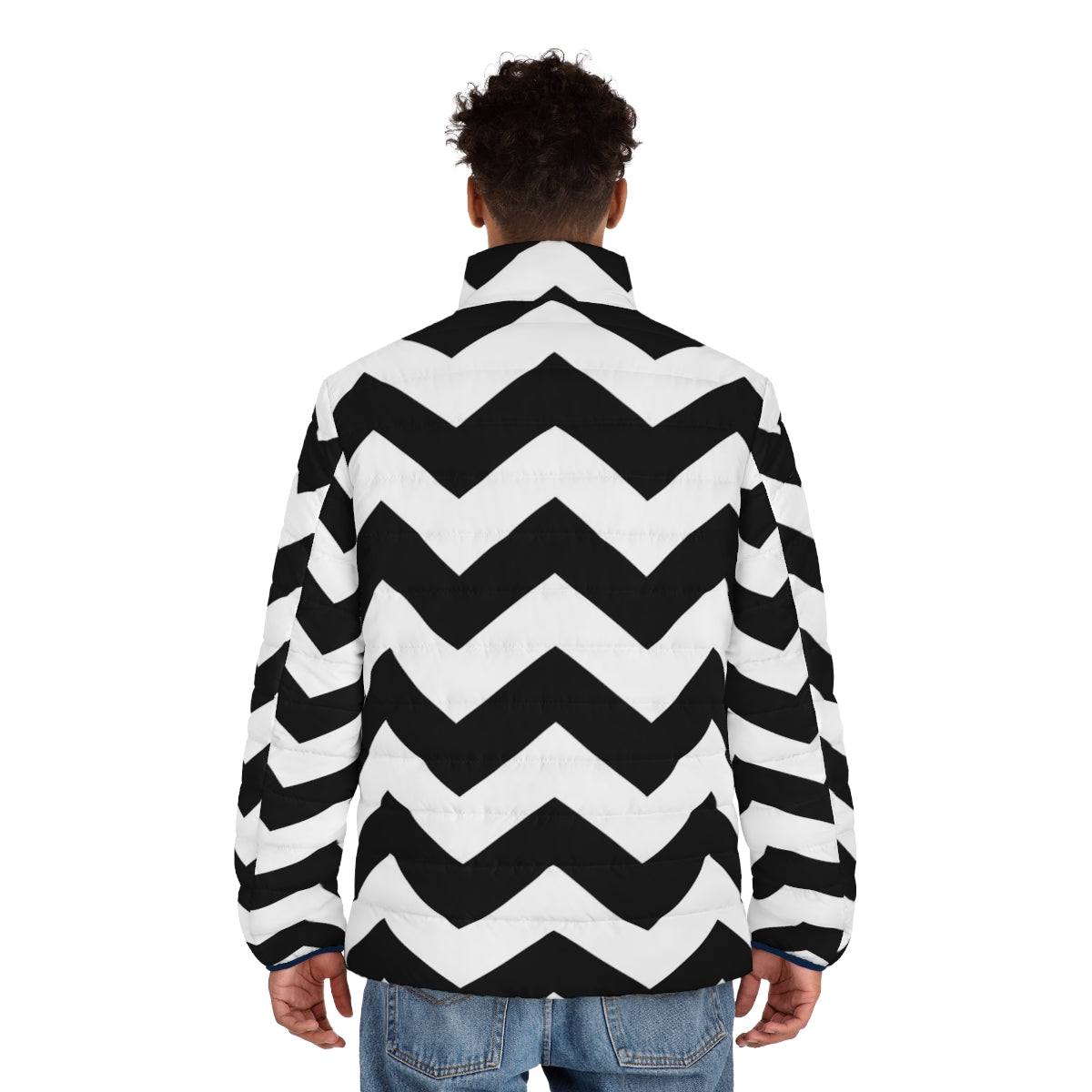 Black and white zig zag puffer jacket with a modern, geometric pattern - men back