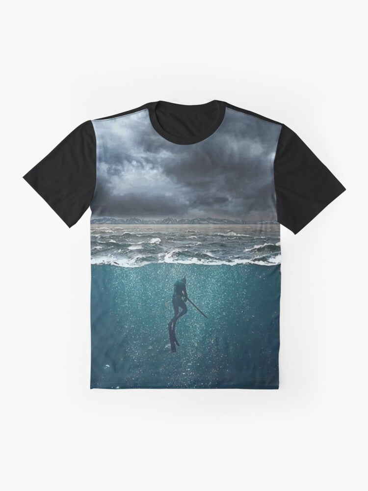 Spearfishing graphic t-shirt featuring an underwater hunting design with marine life elements - Flat lay