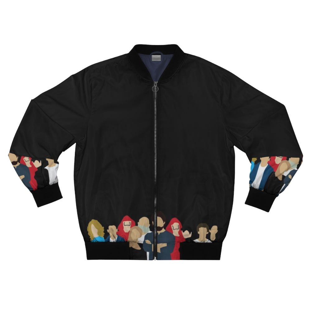 Money Heist/La Casa de Papel Season 3 Bomber Jacket with characters Tokyo, Nairobi, Professor, Berlin, Denver, Rio, and Helsinki