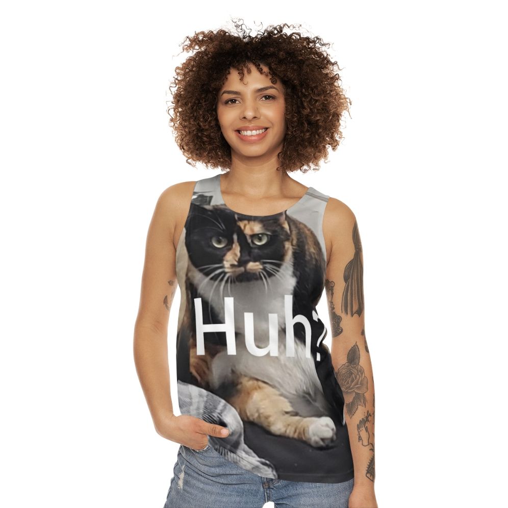 Unisex funny cat "Huh" tank top - women