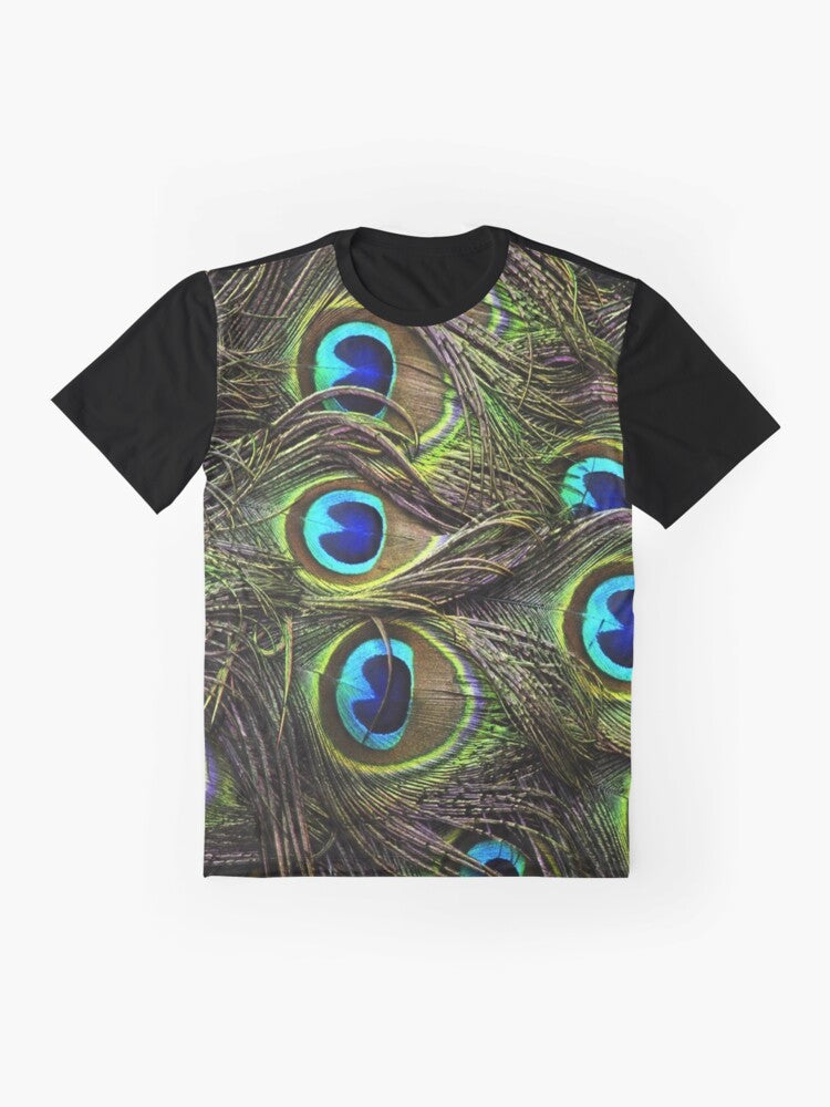 Colorful graphic t-shirt featuring a vibrant peacock feather design - Flat lay