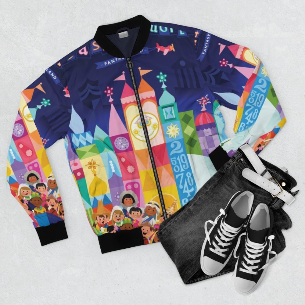 Colorful bomber jacket featuring a whimsical small world fantasyland design with children, boats, and a magical, dreamlike landscape. - Flat lay