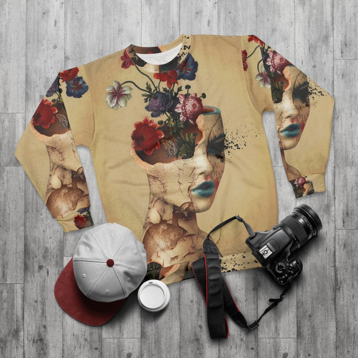 Broken Beauty Women's Floral & Grunge Digital Art Sweatshirt - flat lay