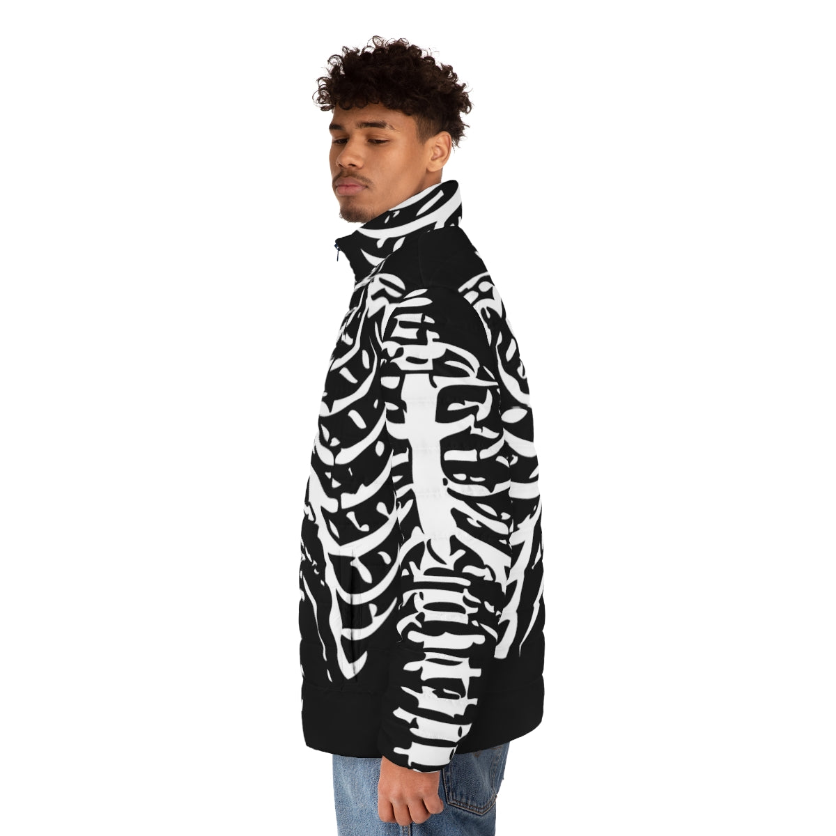 Skeleton rib cage puffer jacket with a unique and spooky design - men side left