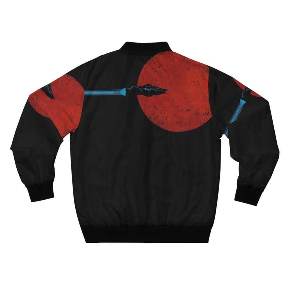 The Expanse-inspired bomber jacket featuring a space-themed design with Mars in the background. - Back