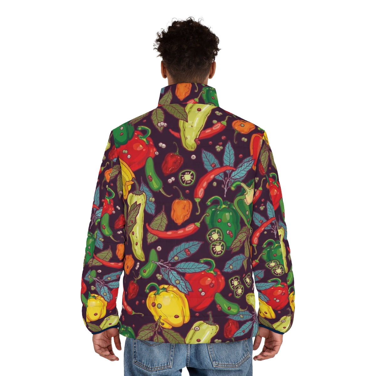 Spicy Hot Puffer Jacket with Vibrant Pepper Pattern - men back