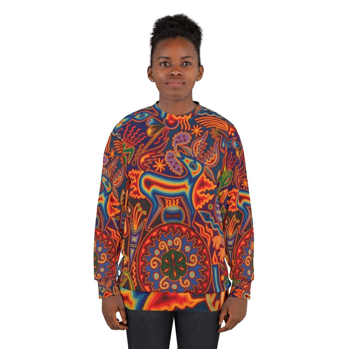 Huichol Sweatshirt with Vibrant Abstract Art Design - women