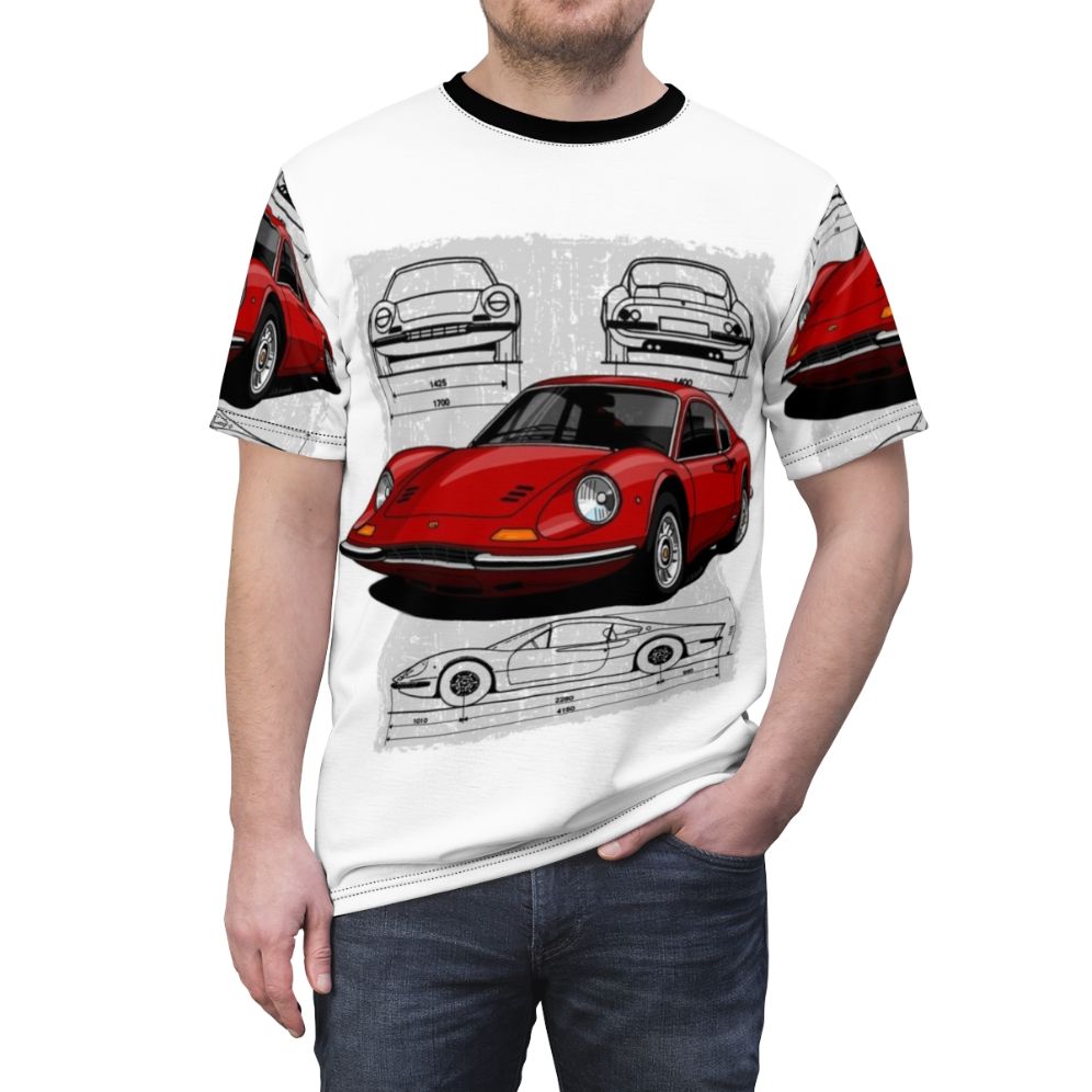 Illustration of an iconic Ferrari Dino 206 GTB sports car on a t-shirt - men front