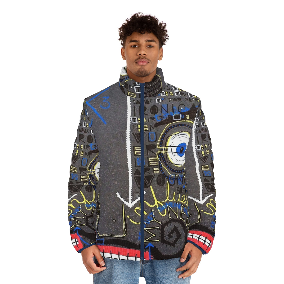 Influence Puffer Jacket featuring abstract face and mustache design - men front