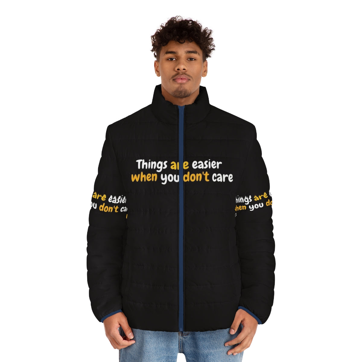 "Sex Education" Puffer Jacket featuring a quote from the Netflix series - men front