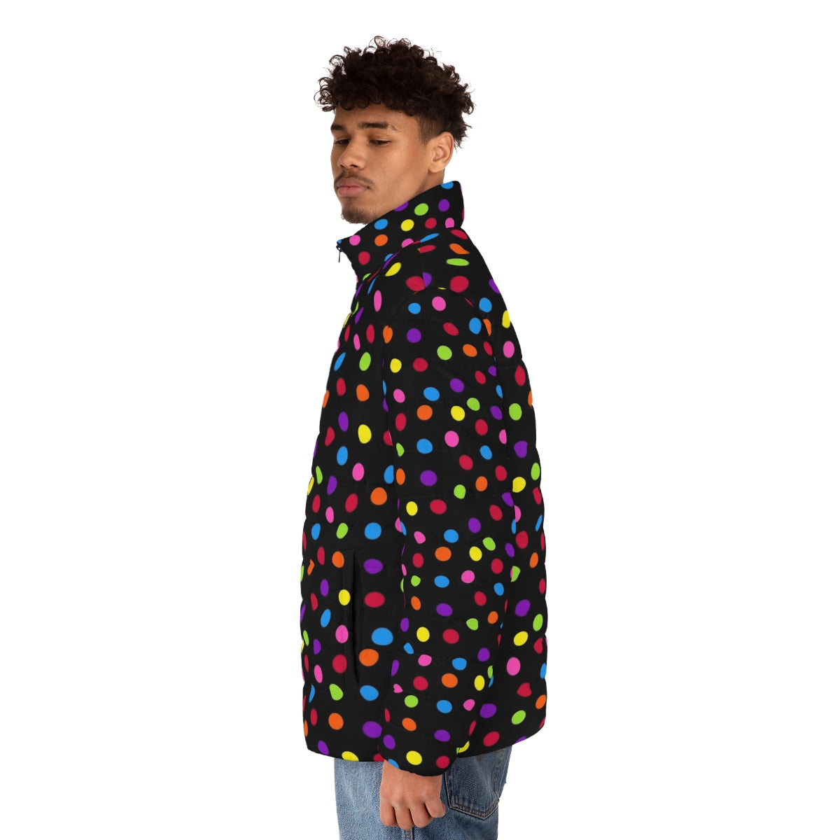 A colorful and unique rainbow puffer jacket with a confetti polka dot pattern - men side left