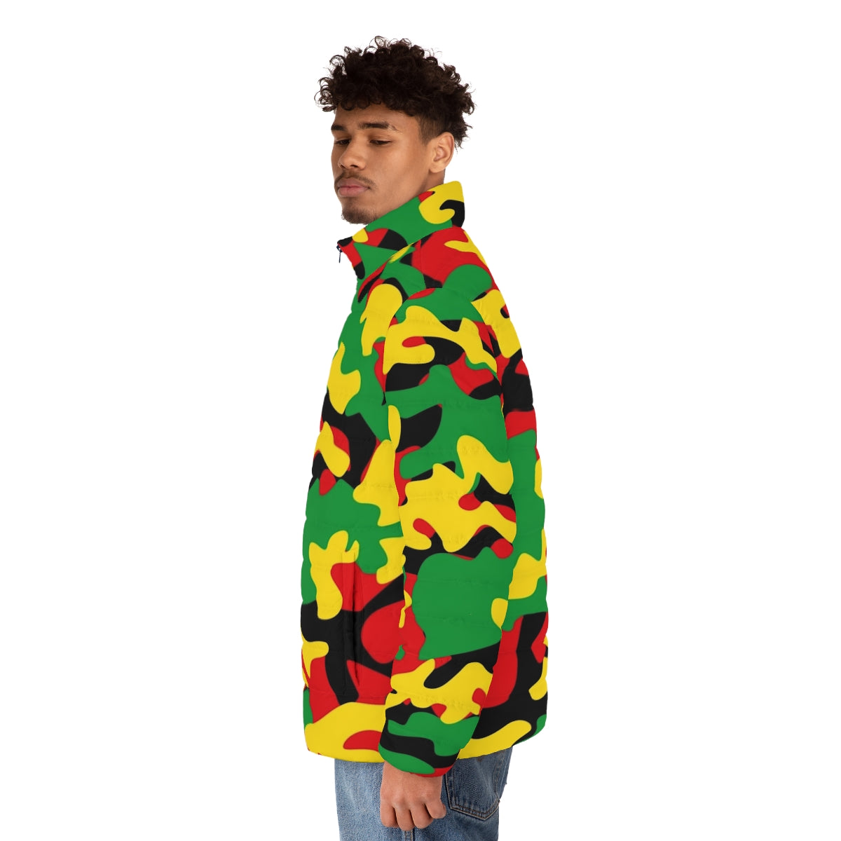 Reggae camouflage puffer jacket with red, yellow, green, and black colors - men side left