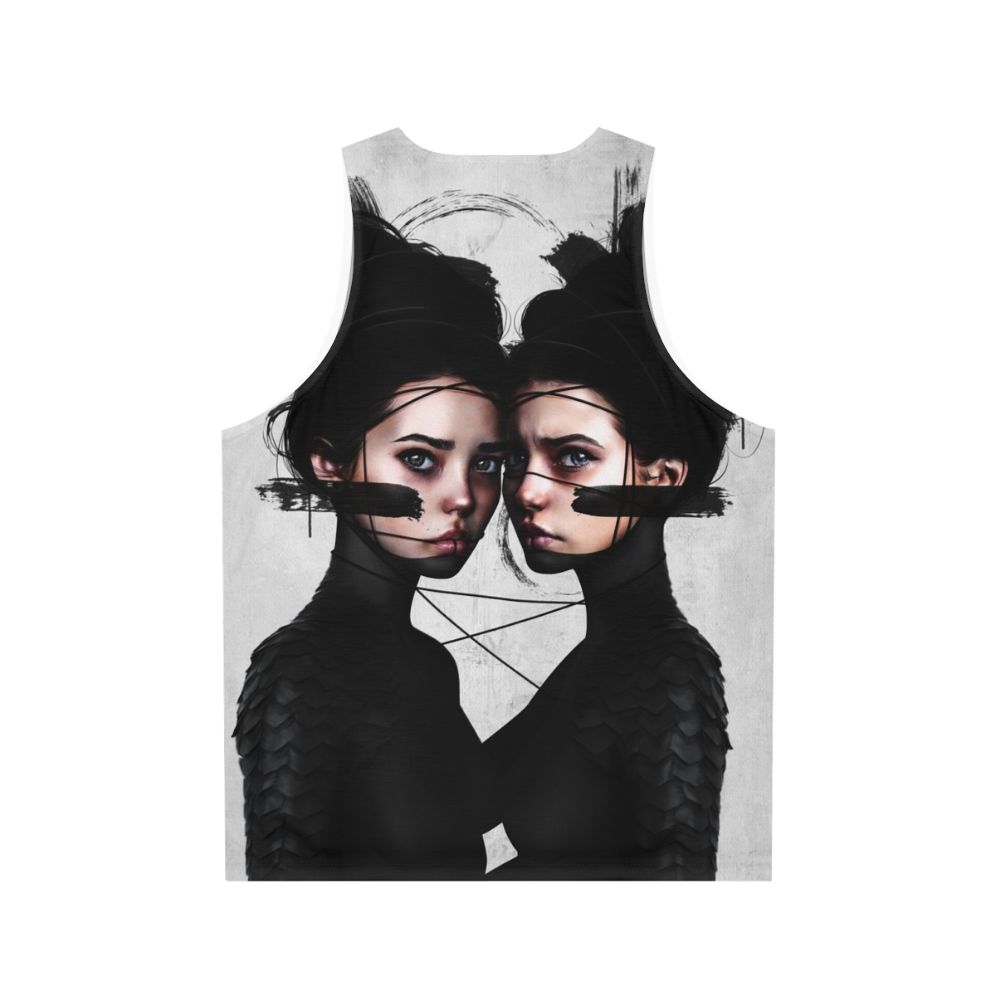 Gemini zodiac unisex tank top featuring surrealistic portrait art - Back