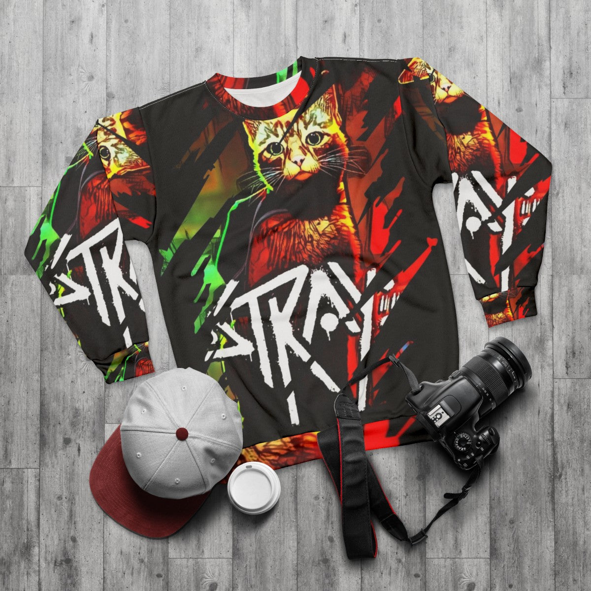 Stray game cat-themed cool retro style sweatshirt - flat lay