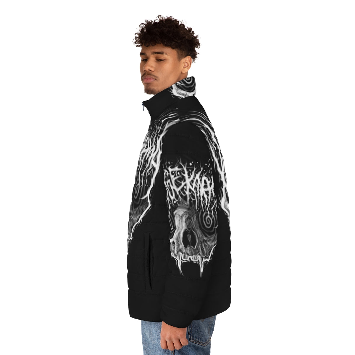 Black metal inspired puffer jacket with vintage cat design - men side left