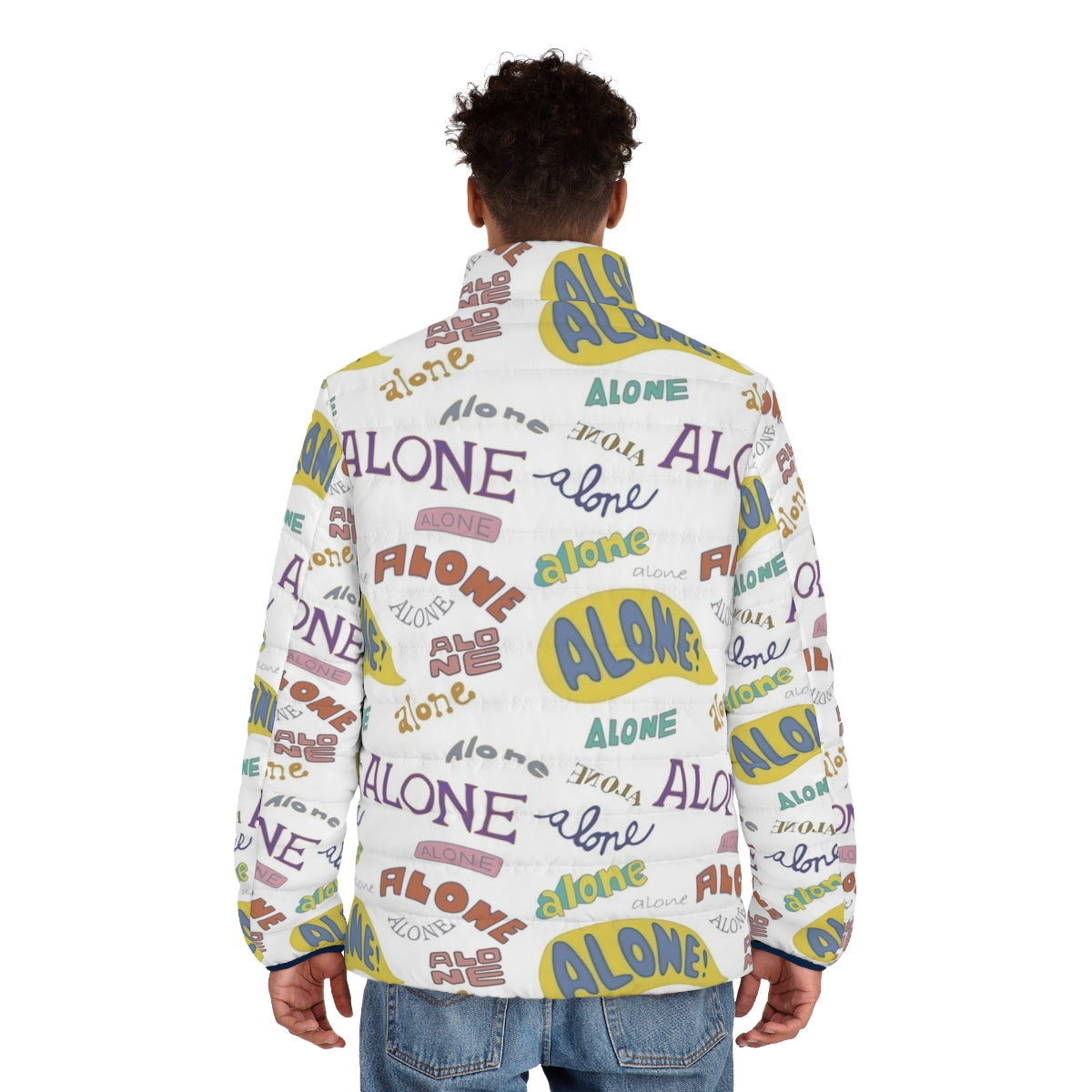 Alone Puffer Jacket with Spongebob and Squidward Meme Design - men back