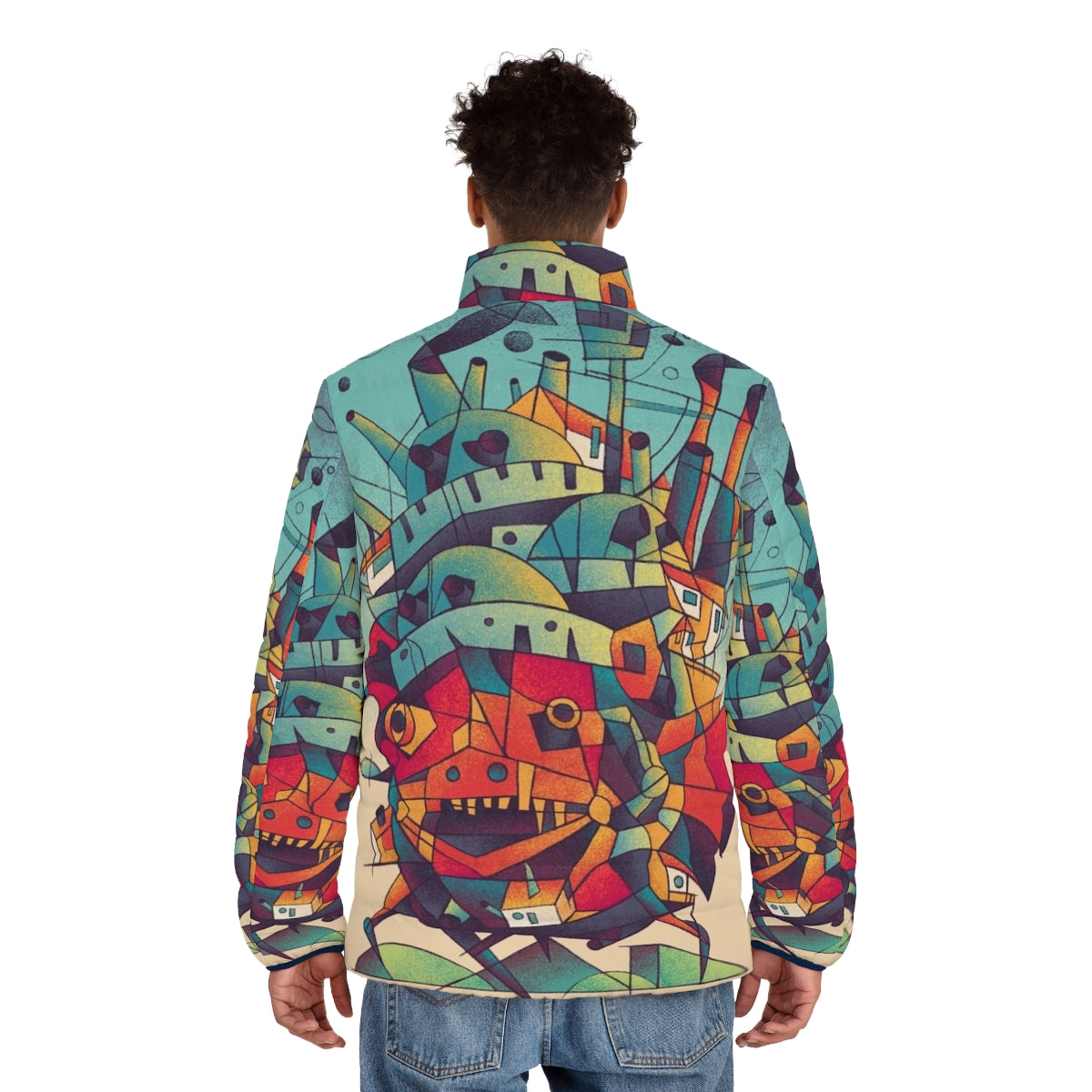 Moving Castle Anime Puffer Jacket featuring cubist and fantasy design - men back