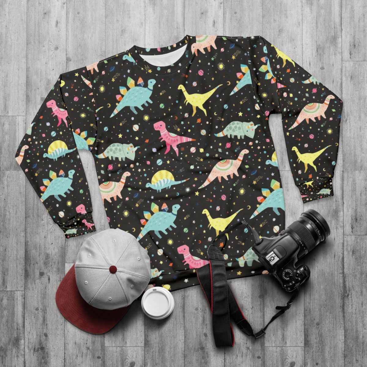 Dinosaur pattern sweatshirt for kids with fantasy design - flat lay