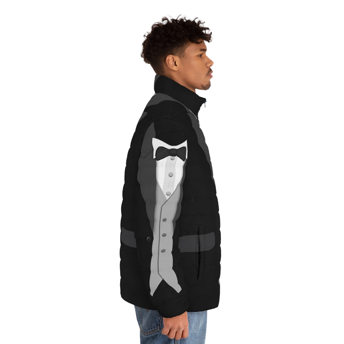 Black tuxedo puffer jacket with bow tie - men side right