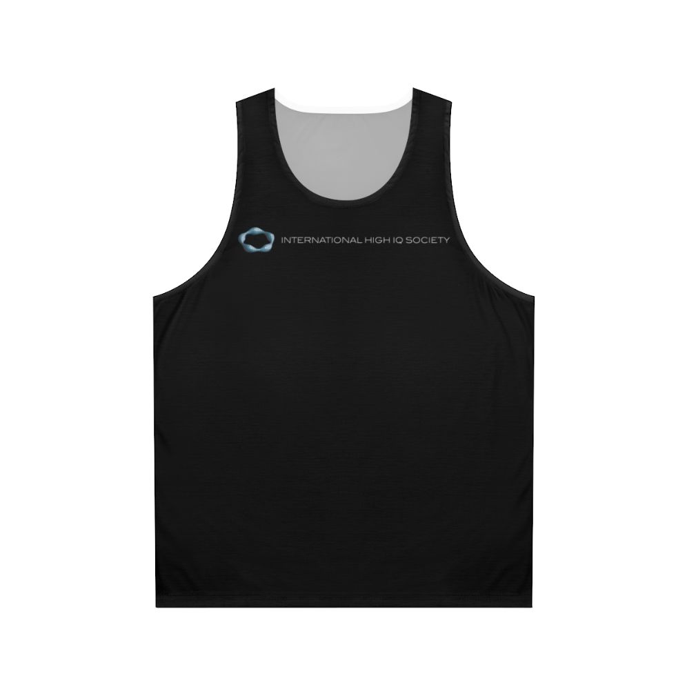 Unisex blue tank top with high IQ society logo